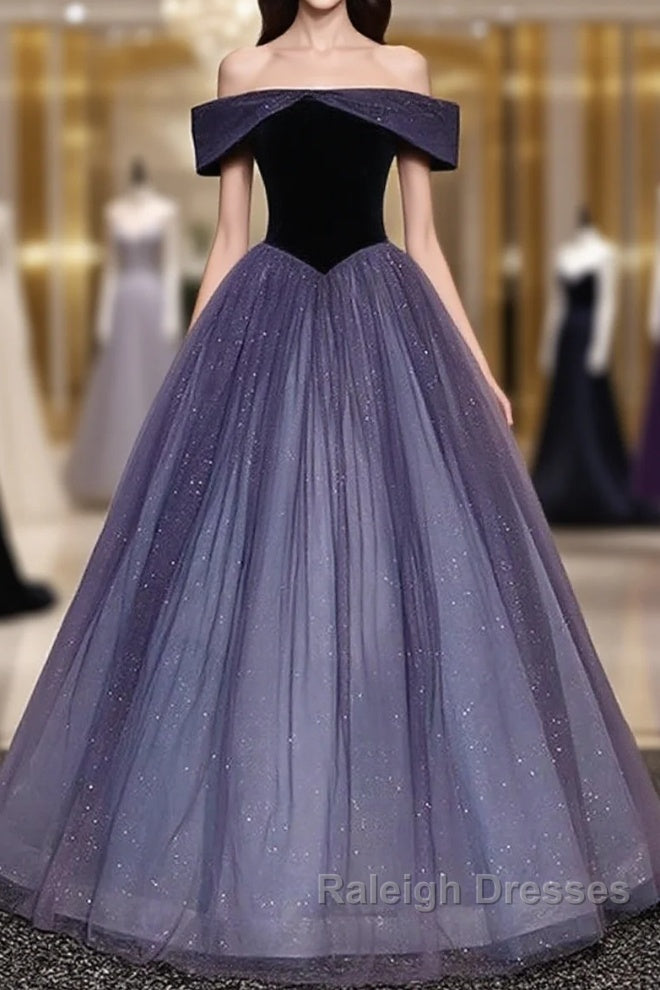 Sparkling Purple Gradient Tulle Off Shoulder A-Line Purple Evening Dress Prom Dress Elegant Main image