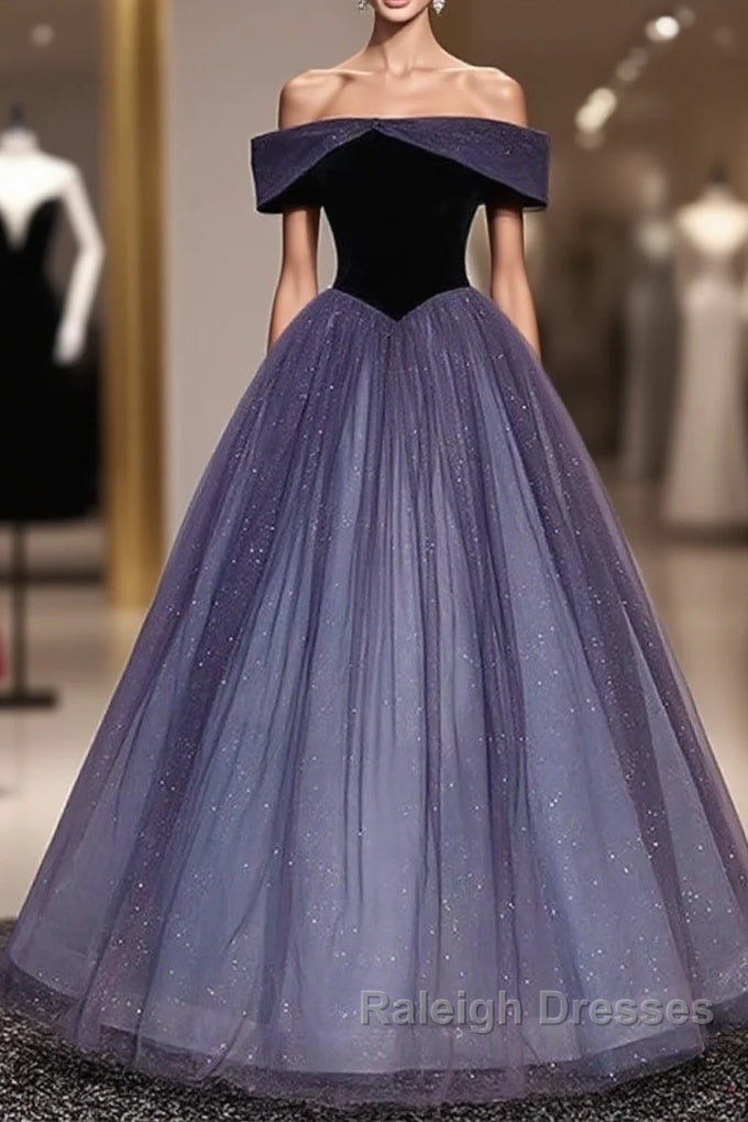 Sparkling Purple Gradient Tulle Off Shoulder A-Line Purple Evening Dress Prom Dress Main image