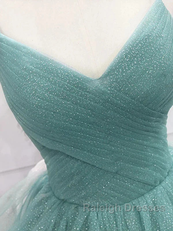 Sparkling Quinceanera Dresses V Neck Tulle Prom Dresses Long Green Sweet Dresses Floor Length