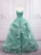 Sparkling Quinceanera Dresses V Neck Tulle Prom Dresses Long Green Sweet Dresses Floor Length