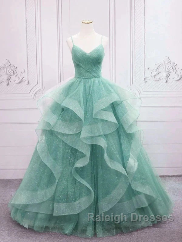 Sparkling Quinceanera Dresses V Neck Tulle Prom Dresses Long Green Sweet Dresses Floor Length