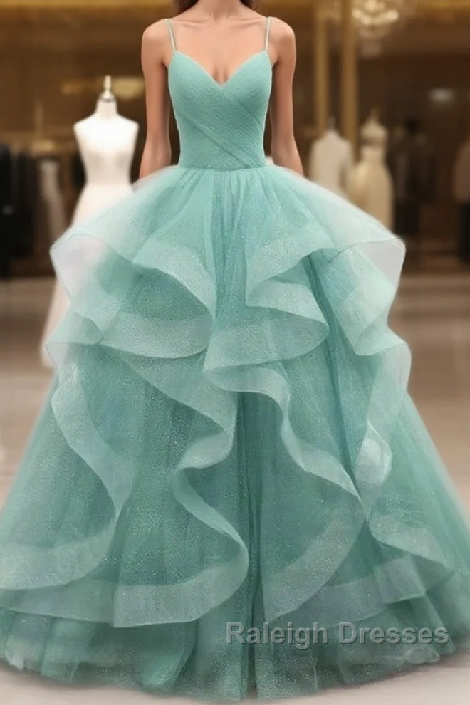 Sparkling Quinceanera Dresses V Neck Tulle Prom Dresses Long Green Sweet Dresses Floor Length