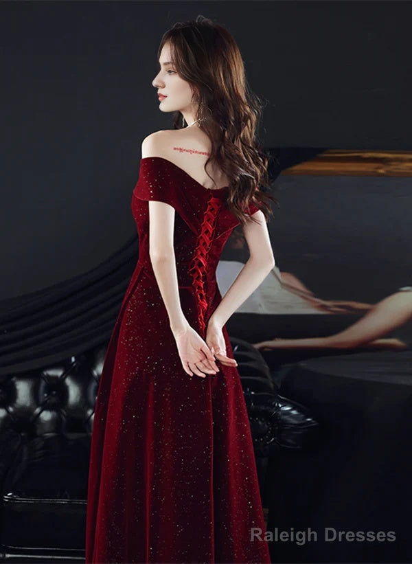 Sparkling Red Velvet Off Shoulder Long Party Dress A-Line Prom Dress Evening Dress Secondary image