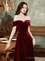 Sparkling Red Velvet Off Shoulder Long Party Dress A-Line Prom Dress Evening Dress