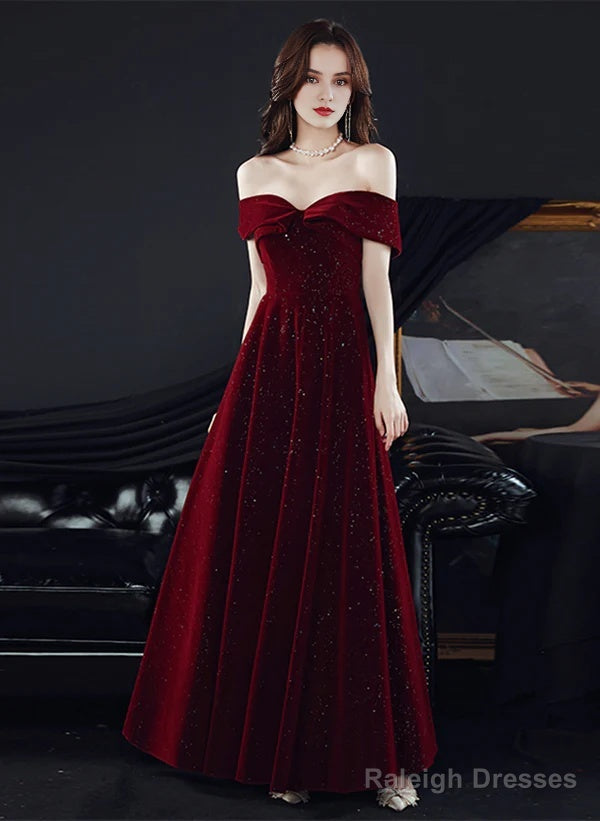 Sparkling Red Velvet Off Shoulder Long Party Dress A-Line Prom Dress Evening Dress