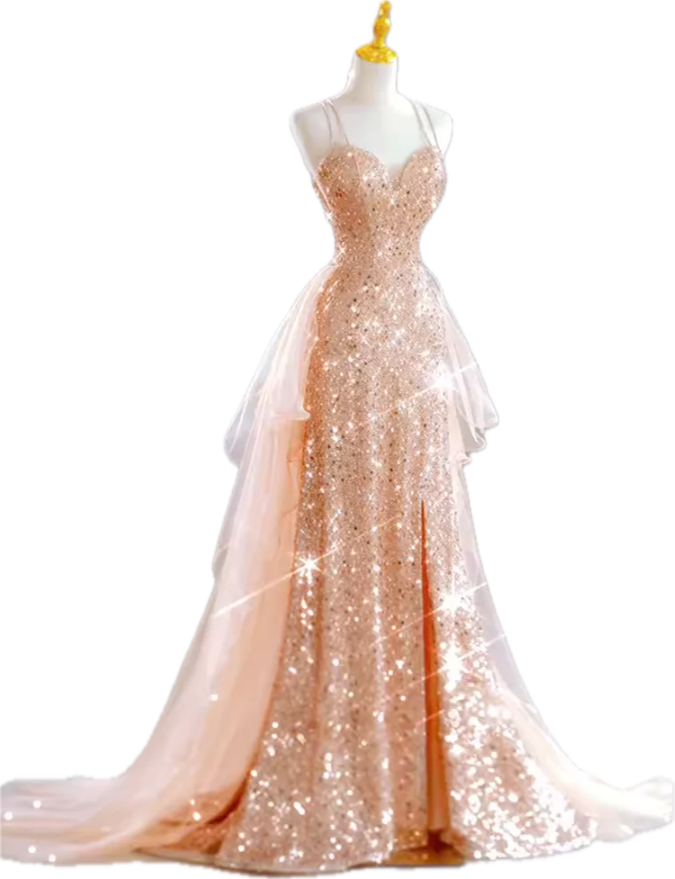 Sparkling Rose Gold Mermaid Slit Train Sequined Formal Prom Dress