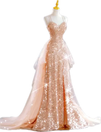 Sparkling Rose Gold Mermaid Slit Train Sequined Formal Prom Dress