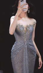 Sparkling Silver-Grey Mermaid Sequined Long Formal Prom Dress