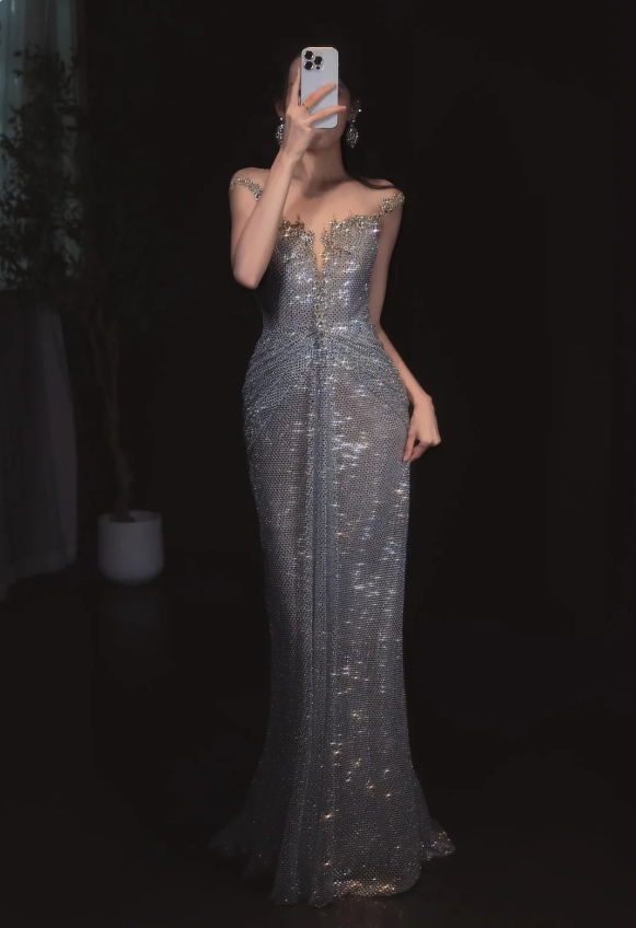 Sparkling Silver-Grey Mermaid Sequined Long Formal Prom Dress