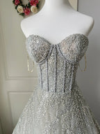 Sparkling Silver-Grey Strapless Sequined Ball Gown Prom Dress