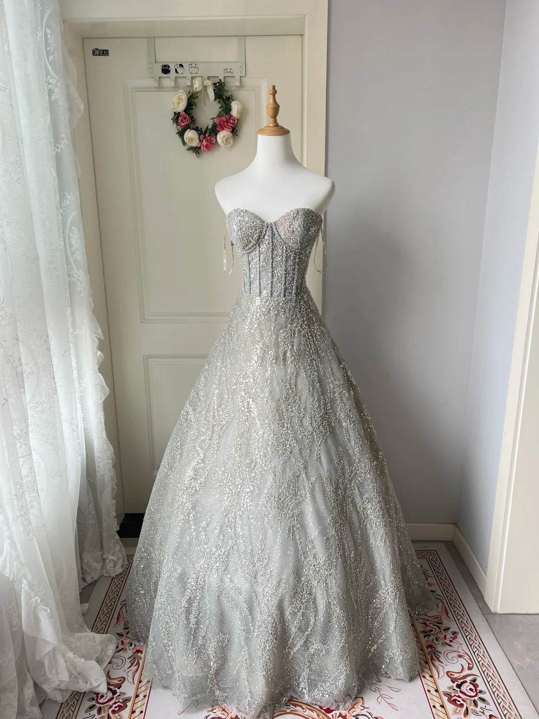 Sparkling Silver-Grey Strapless Sequined Ball Gown Prom Dress Main image