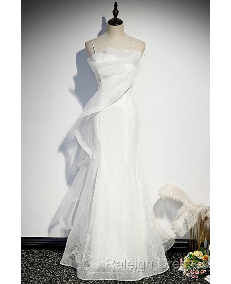 Sparkling White Sleeveless Off Shoulder Ball Dress With White Thin Shoulder Straps Backless Straps And Floor Length Ruffled Edge For Evening Dressing