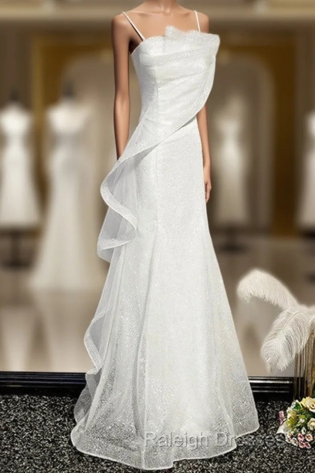 Sparkling White Sleeveless Off Shoulder Ball Dress With White Thin Shoulder Straps Backless Straps And Floor Length Ruffled Edge For Evening Dressing Main image