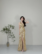 Sparkling Yellow Mermaid Deep V Halter Neck Slit Sequined Long Formal Prom Dress