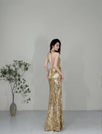 Sparkling Yellow Mermaid Deep V Halter Neck Slit Sequined Long Formal Prom Dress