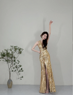 Sparkling Yellow Mermaid Deep V Halter Neck Slit Sequined Long Formal Prom Dress