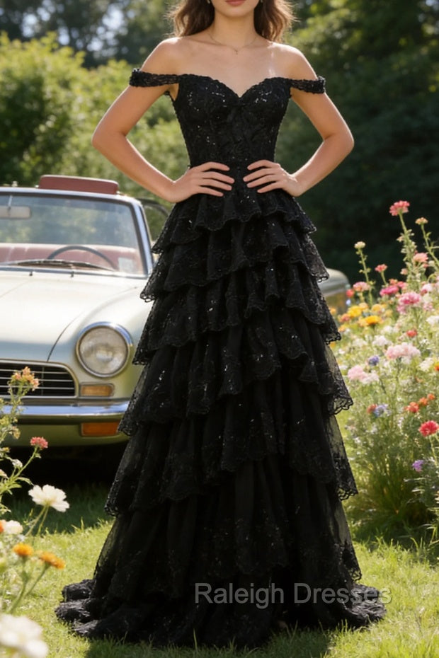 Sparkly A Line Black Off The Shoulder Corset Sequin Tiered Prom Dress with Slit Secondary image
