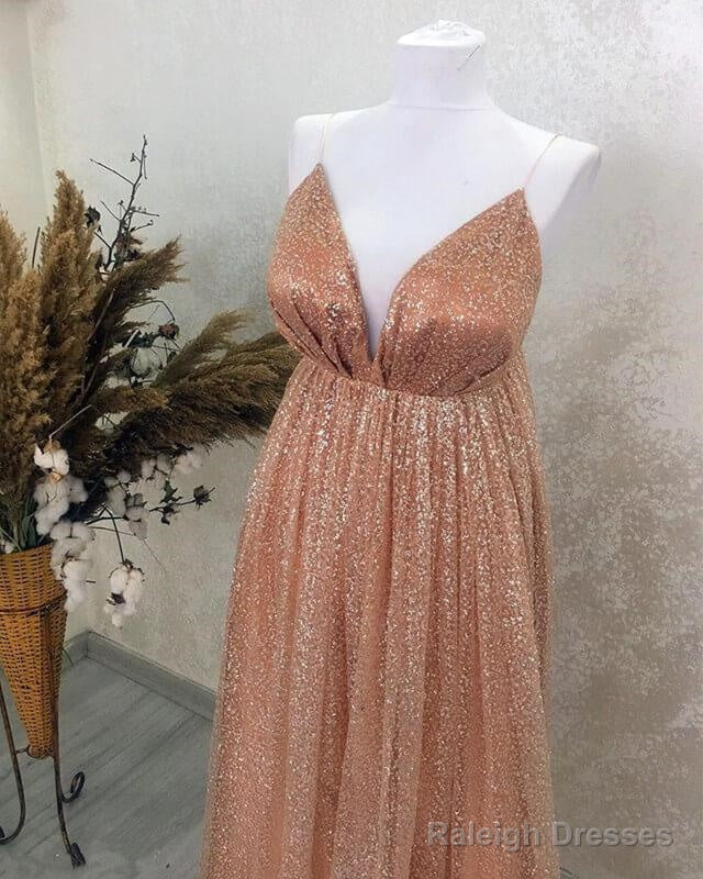 Sparkly A-Line Plunging Neck Open Back Dresses