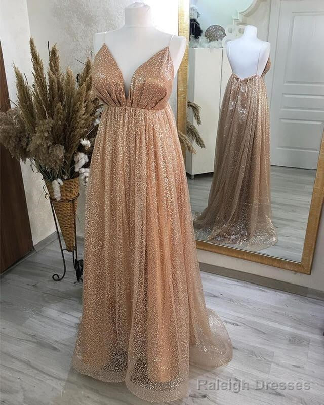 Sparkly A-Line Plunging Neck Open Back Dress