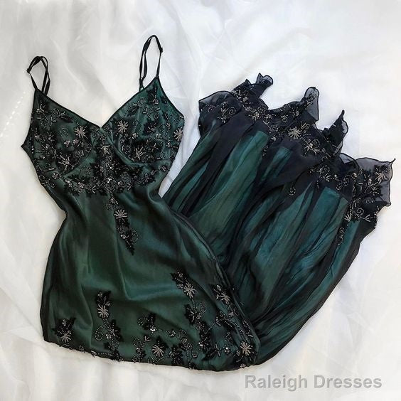 Sparkly A Line Spaghetti Straps Dark Green Long Prom Dress Main image