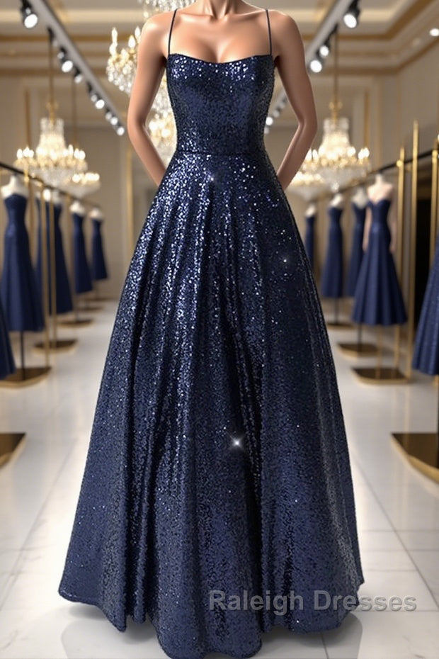 Sparkly Backless Navy Blue Long Prom Dresses, Open Back Long Navy Blue Formal Evening Dresses Main image