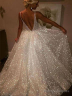 Sparkly Backless V-Neck A-Line Long Prom Dress,