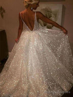 Sparkly Backless V-Neck A-Line Long Prom Dresses