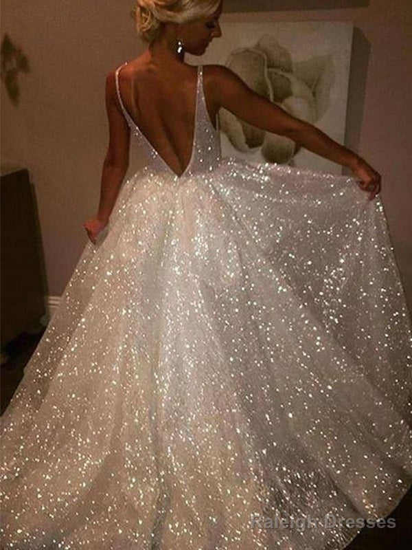 Sparkly Backless V-Neck A-Line Long Prom Dresses