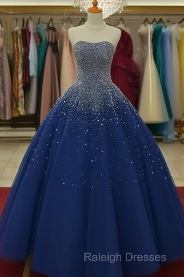 Sparkly Beaded Strapless Navy Blue Ball Gown Prom Dresses