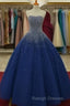 Sparkly Beaded Strapless Navy Blue Ball Gown Prom Dresses