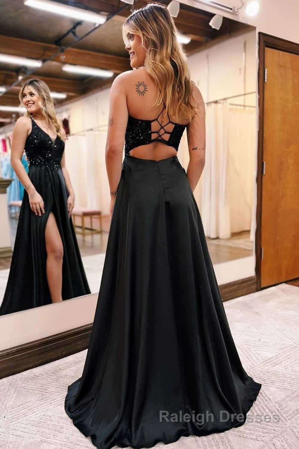 Sparkly Black A-Line Long Prom Dress with Pockets Secondary image