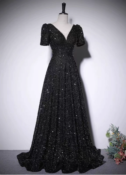 Sparkly Black A-Line V-Neck Short Sleeve Sequin Long Formal Prom Dress