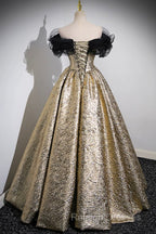 Sparkly Black And Gold Glitter Prom Dresses Ball Gown, Off The Shoulder Evening Party Dress