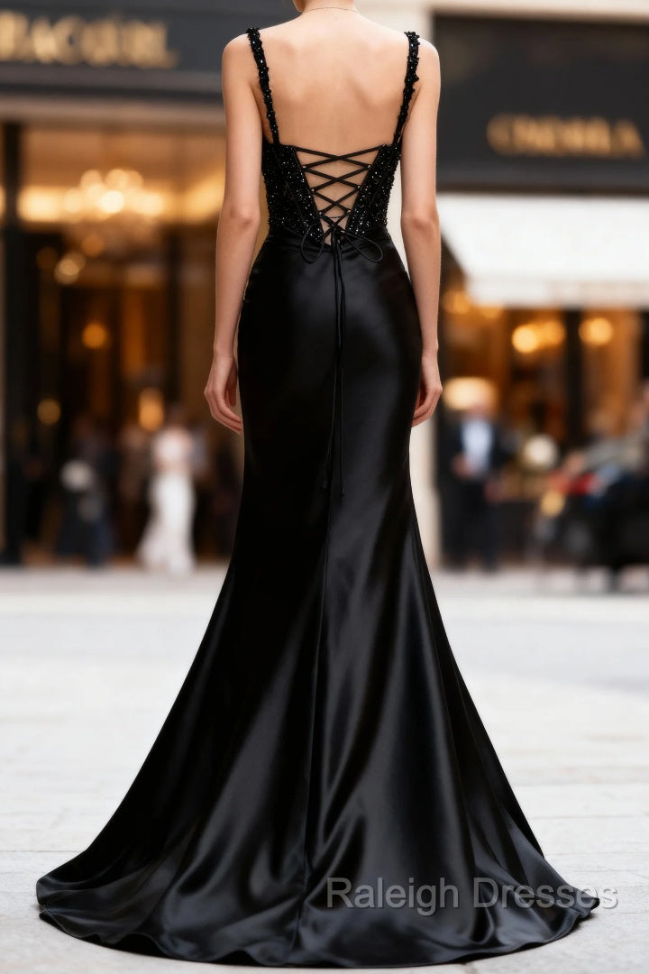 Sparkly Black Floral Spaghetti Straps Mermaid Long Prom Dress with Slit Secondary image