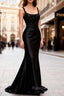 Sparkly Black Floral Spaghetti Straps Mermaid Long Prom Dresses with Slit