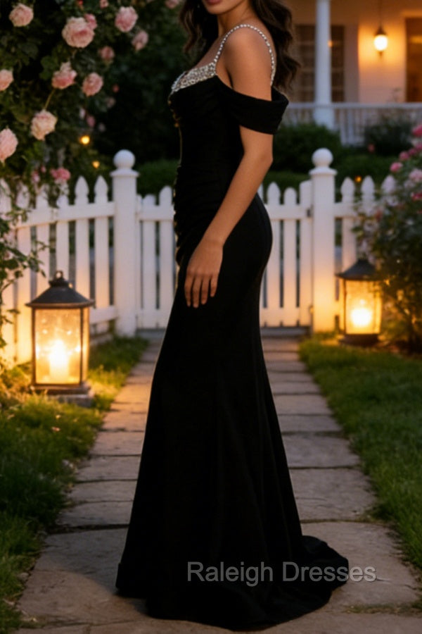 Sparkly Black Mermaid Cold Shoulder Sequined Ruched Satin Long Prom Dress Secondary image