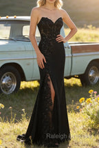 Sparkly Black Mermaid Strapless Corset Appliques Prom Dresses Long with Slit