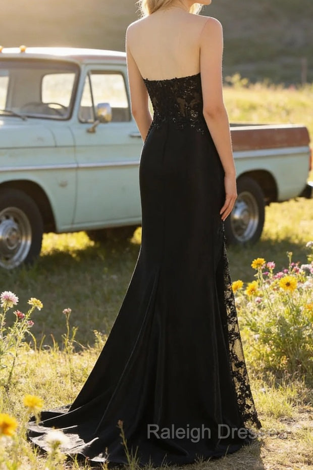 Sparkly Black Mermaid Strapless Corset Appliques Prom Dresses Long with Slit
