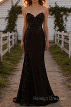 Sparkly Black Mermaid Strapless Corset Appliques Prom Dresses Long with Slit