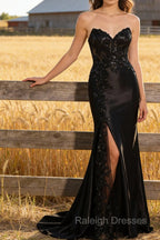 Sparkly Black Mermaid Strapless Corset Appliques Prom Dresses Long with Slit