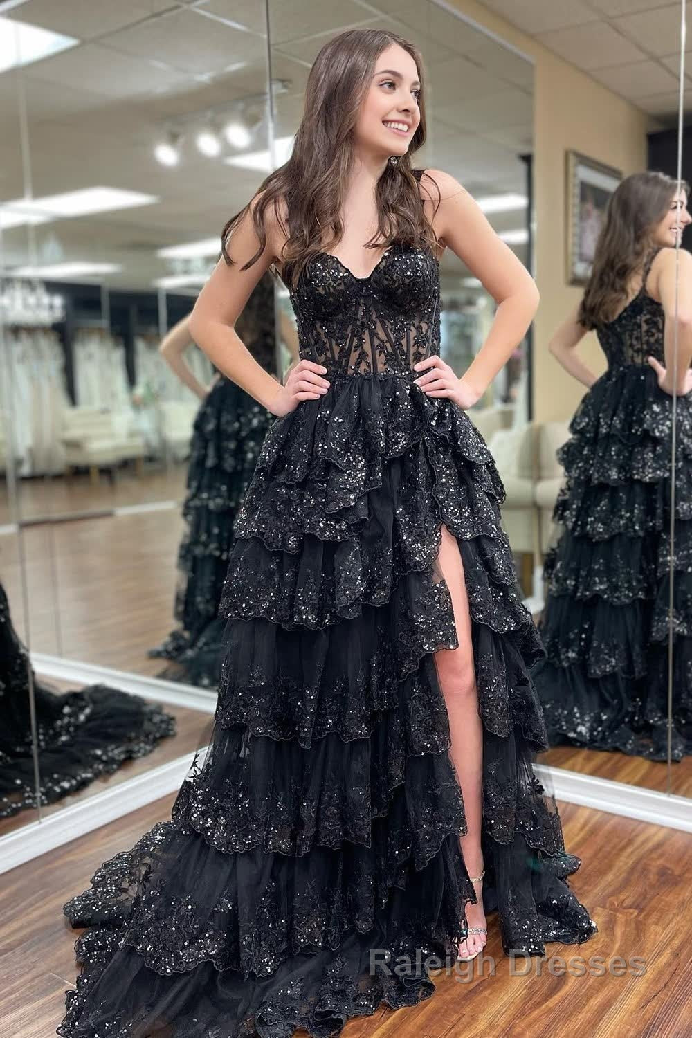Sparkly Black Off The Shoulder Tiered Corset Prom Dress Main image