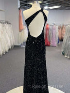 Sparkly Black One Shoulder Side Slit Prom Dress,