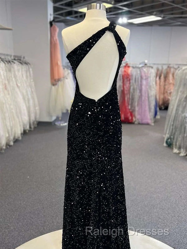 Sparkly Black One Shoulder Side Slit Prom Dress,