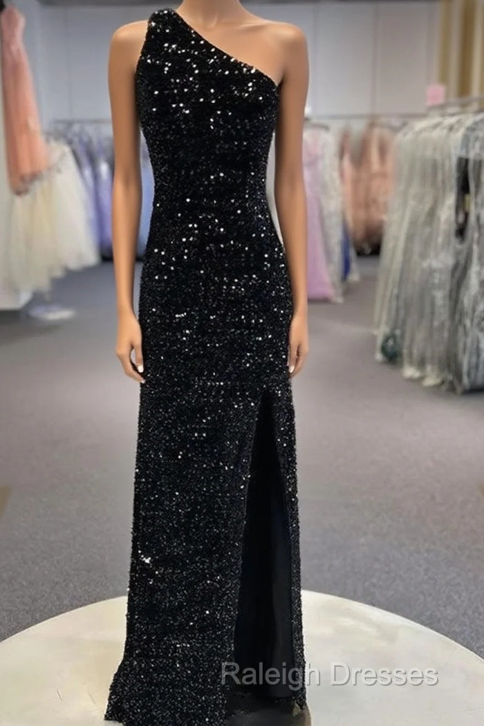 Sparkly Black One Shoulder Side Slit Prom Dress, Main image