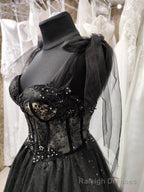 Sparkly black prom dress night corset neckline fairy tale tulle princess bride bridal gothic dark queen night alternative bride