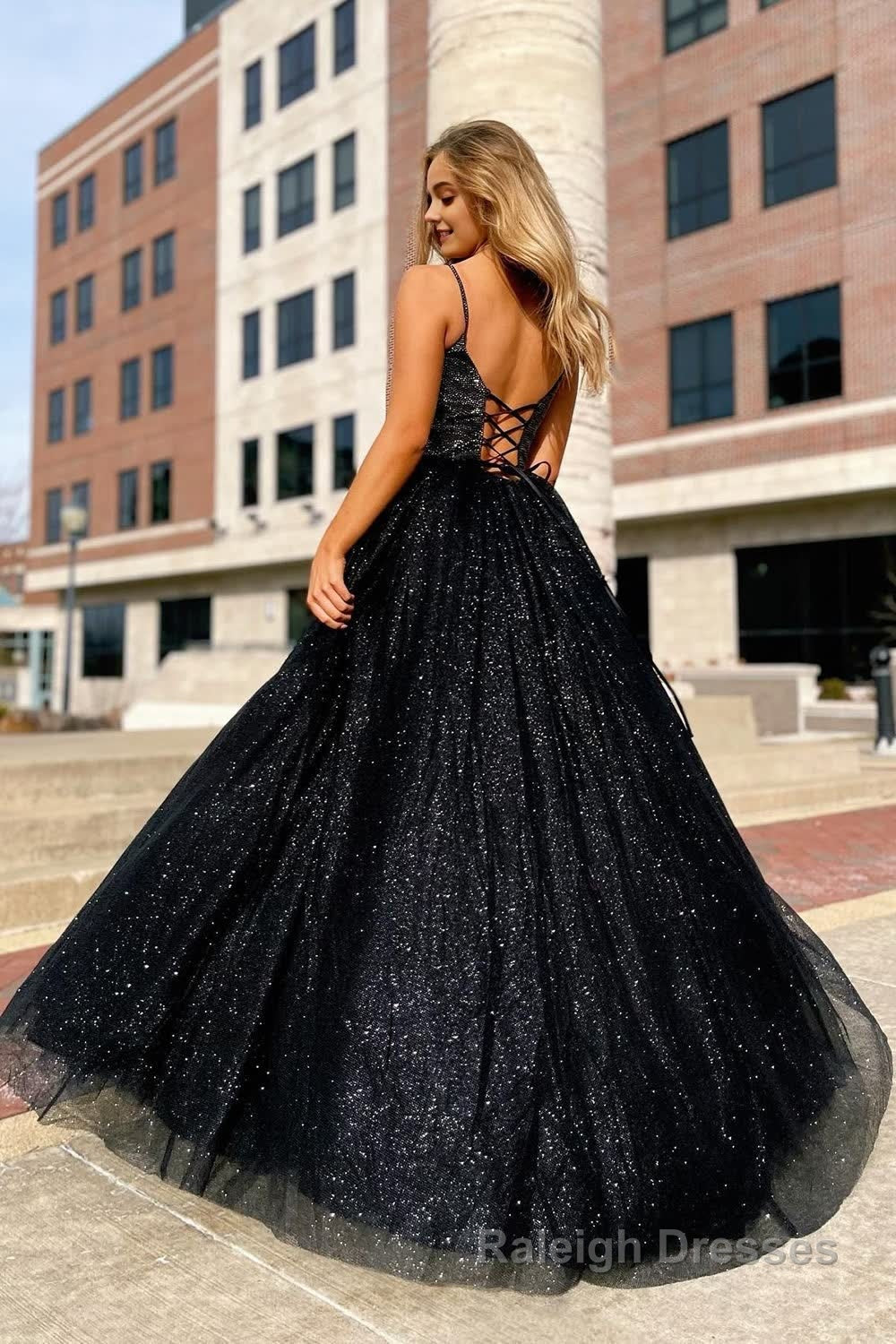 Sparkly Black Spaghetti Straps A-Line Prom Dress Secondary image