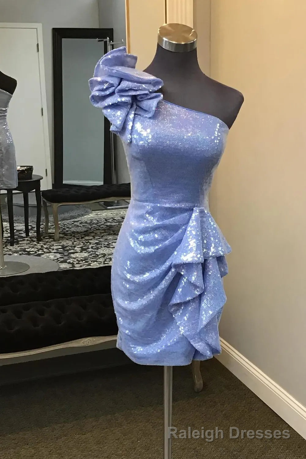 Sparkly Blue One Shoulder Sequins Bodycon Short Homecoming Dress with Ruffles Main image