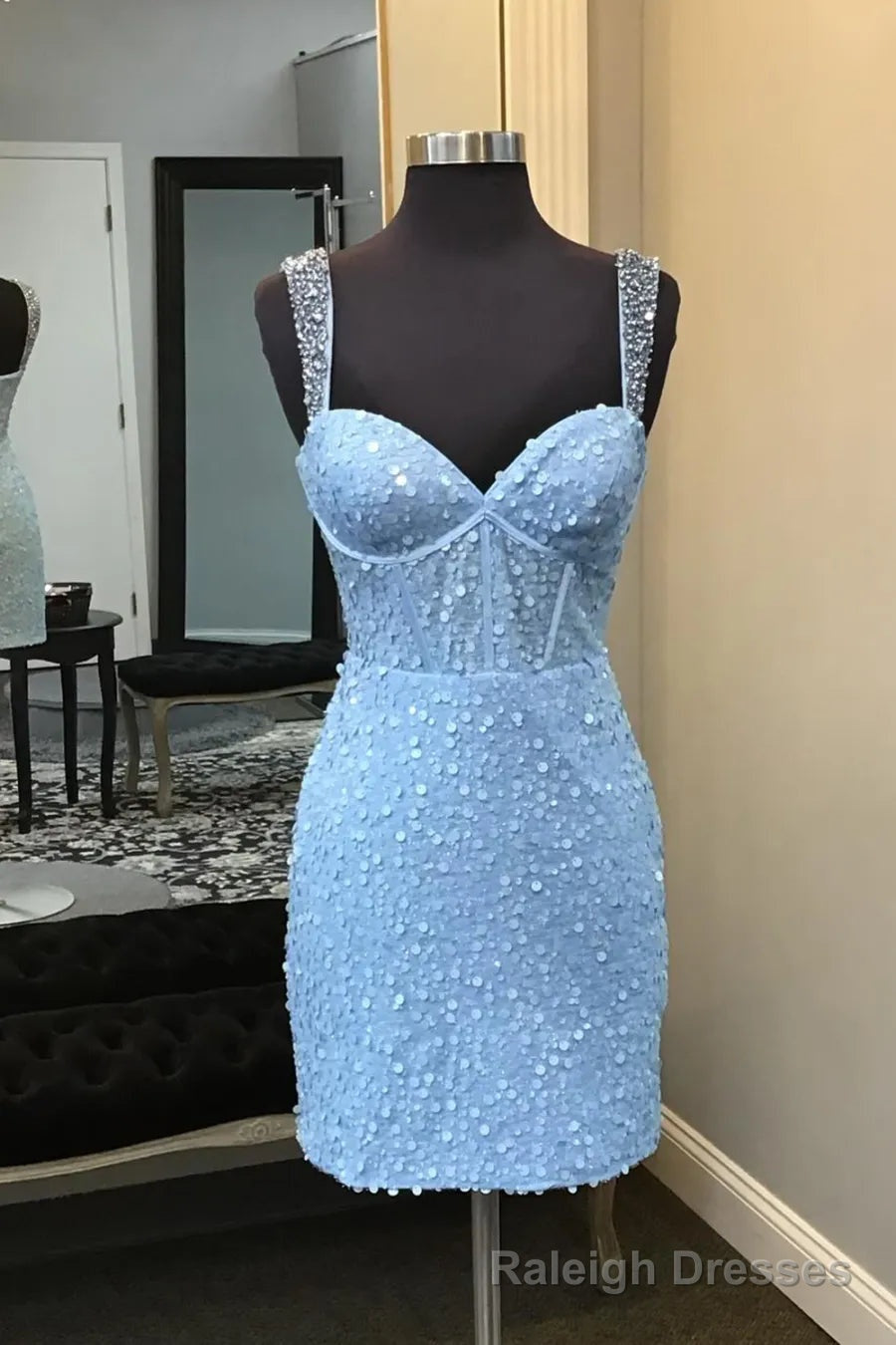 Sparkly Blue Spaghetti Straps Sequins Bodycon Short Corset Homecoming Dress Main image