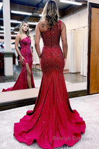 Sparkly Burgundy Beaded One Shoulder Long Prom Dress with Slit Formal Prom Dresses