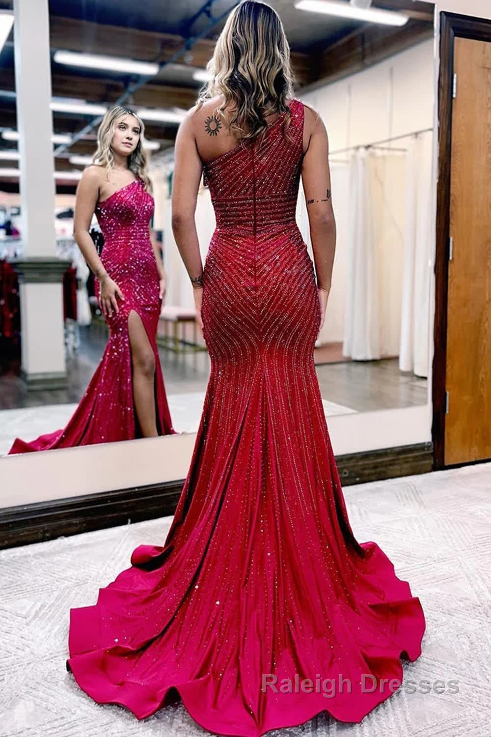 Sparkly Burgundy Beaded One Shoulder Long Prom Dress with Slit Formal Prom Dresses